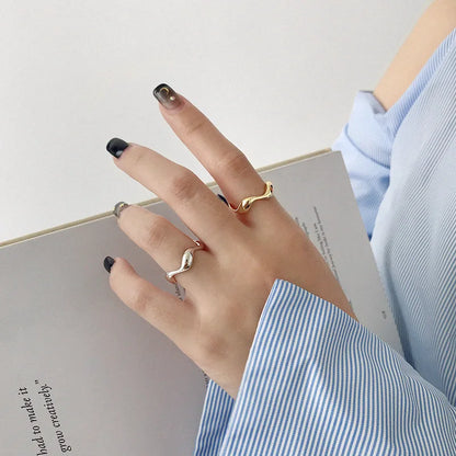 Silver Color Creative Handmade Rings Irregular Wave Smooth Engagement Jewelry for Women Size 16.5Mm Adjustable